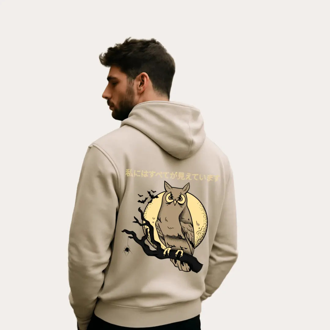 Japanese Owl Beige Hoodie – Premium Graphic Streetwear -Noirs Clothing-