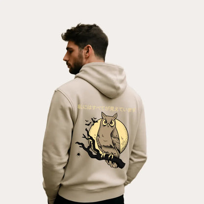 Japanese Owl Beige Hoodie – Premium Graphic Streetwear -Noirs Clothing- 