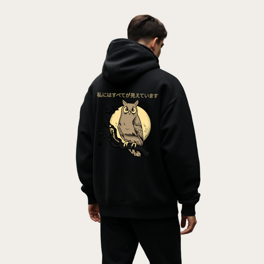 Japanese Owl Beige Hoodie – Premium Graphic Streetwear Noirs Clothing -Noirs Clothing